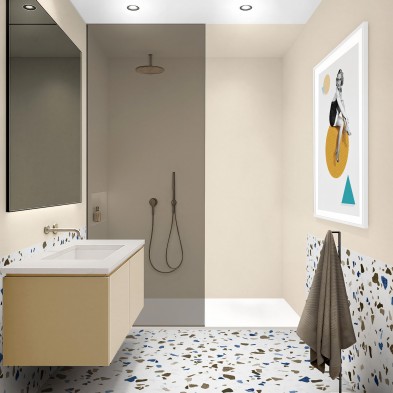 Baño luminoso con vinilo adhesivo Velvet en la ducha, impermeable y de durabilidad prolongada.