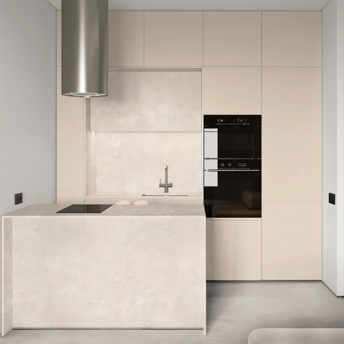 Small kitchen covered with cream adhesive vinyl on the cabinets, heat resistant and adapts to edges