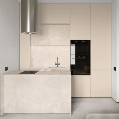 Small kitchen covered with cream adhesive vinyl on the cabinets, heat resistant and adapts to edges