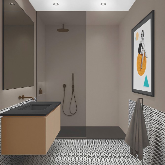 Baño pequeño con paredes cubiertas de vinilo adhesivo Topo, resistente a la humedad y fácil de limpiar