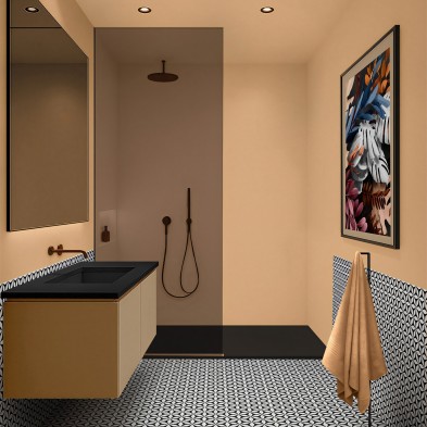 Bright bathroom with Thar adhesive vinyl on the walls, waterproof and long-lasting.