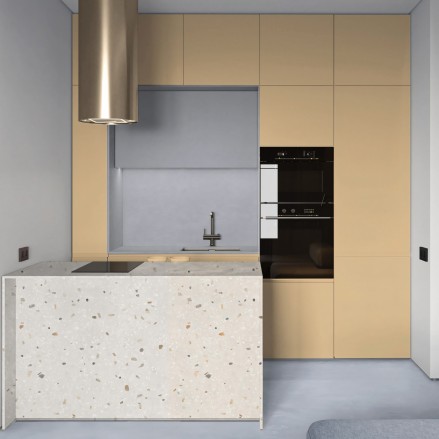 Cocina decorada con vinilo adhesivo Albaricoque en los armarios, fácil de poner y resiste más de 10 años