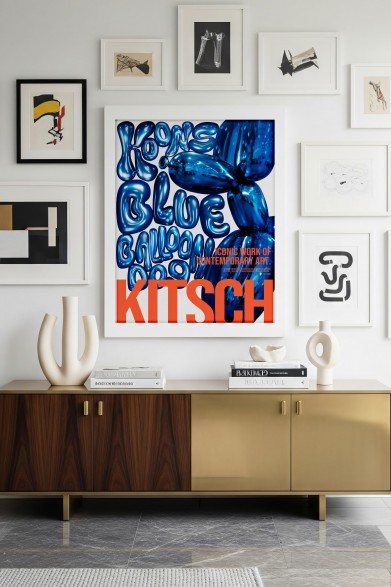 Balloon Dog typographic poster with blue and orange balloon letters for living room walls, a tribute to Jeff Koons.