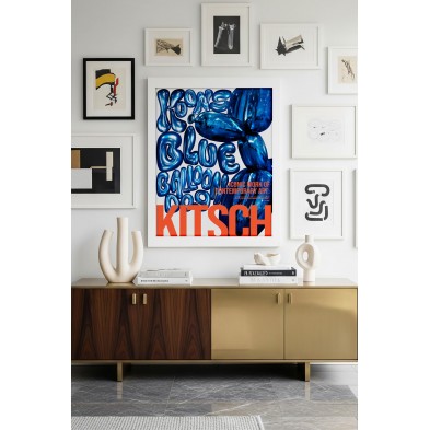 Balloon Dog typographic poster with blue and orange balloon letters for living room walls, a tribute to Jeff Koons.