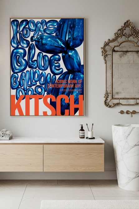 Póster tipográfico Balloon Dog para baños, impermeable y sin PVC, lleva letras en azul y naranja, homenaje Jeff Koons