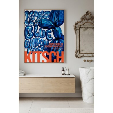Balloon Dog typographic poster for bathrooms, waterproof and PVC-free, with blue and orange lettering, a tribute to Jeff Koons