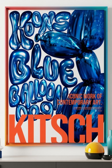 Póster tipográfico Balloon Dog con letras globos en azul y naranja para paredes de salones, homenaje Jeff Koons