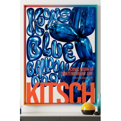 Póster tipográfico Balloon Dog con letras globos en azul vibrante y naranja, homenaje Jeff Koons