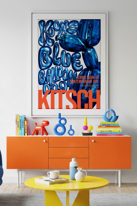 Póster tipográfico Balloon Dog azul y naranja en un salón memphis, homenaje Jeff Koons
