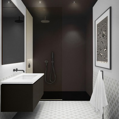 Baño moderno con vinilo adhesivo Marrón Kobe en las paredes, apto para zonas húmedas y con colores estables