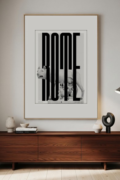 Art print featuring Romulus and Remus decorating a modern-style living room.
