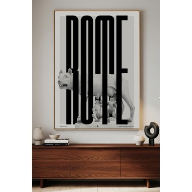 Art print with Romulus and Remus decorating a minimalist living room wall.