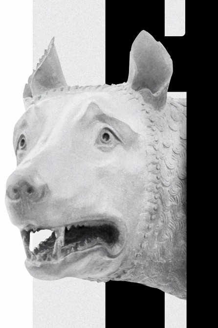 Detail of the typographic poster. The Capitoline Wolf is behind a portion of the modern typeface.