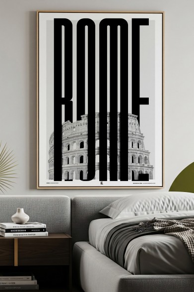 Póster tipográfico de Roma con imagen del Coliseo en decoración moderna en blanco y negro. Diseño Lokoloko.