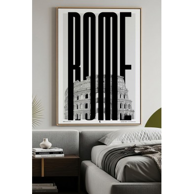 Póster tipográfico de Roma con imagen del Coliseo en decoración moderna en blanco y negro. Diseño Lokoloko.