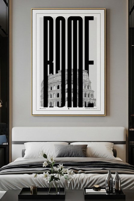 Print of the Roman Colosseum with vertical black letters in a modern bedroom above a contemporary headboard. Lokoloko design.