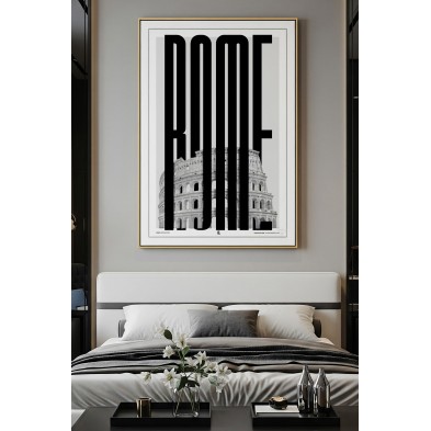 Print of the Roman Colosseum with vertical black letters in a modern bedroom above a contemporary headboard. Lokoloko design.
