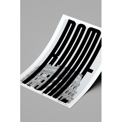 Print of the Roman Colosseum with vertical black letters in a modern bedroom above a contemporary headboard. Lokoloko design.