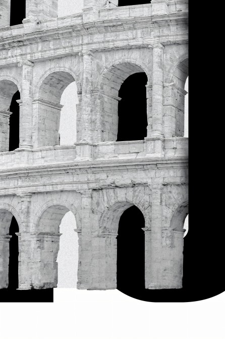 Typographic poster about Rome showing the Colosseum, a contemporary graphic design about art and architecture. Lokoloko Detail.