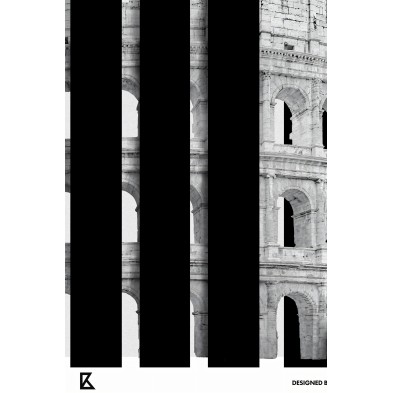 Rome poster with an image of the Colosseum for modern decor. Detailed black and white image. Lokoloko design.