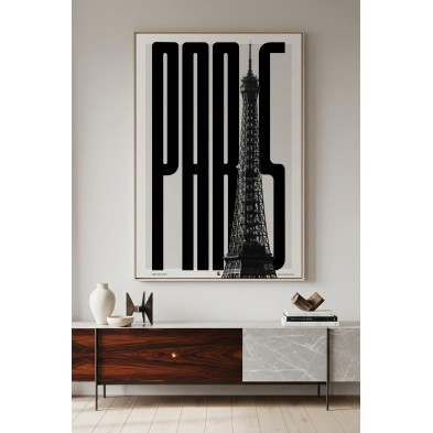 Póster decorativo de París en blanco y negro con tipografía vertical.