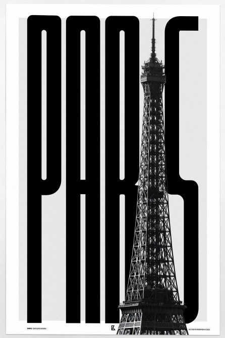 Lámina tipográfica de diseño con la palabra PARIS y fotografía de la Torre Eiffel.