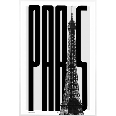 Lámina tipográfica de diseño con la palabra PARIS y fotografía de la Torre Eiffel.