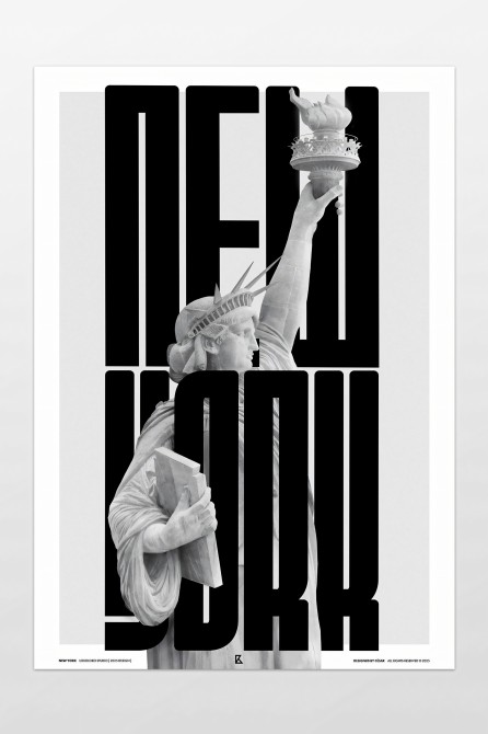 Diseño tipográfico de New York con la imagen de la Estatua de la Libertad. Poster eco libre de PVC.