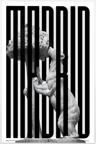 MADRID poster featuring the Bear and the Strawberry Tree sculpture. For modern, PVC-free decor by Lokoloko.