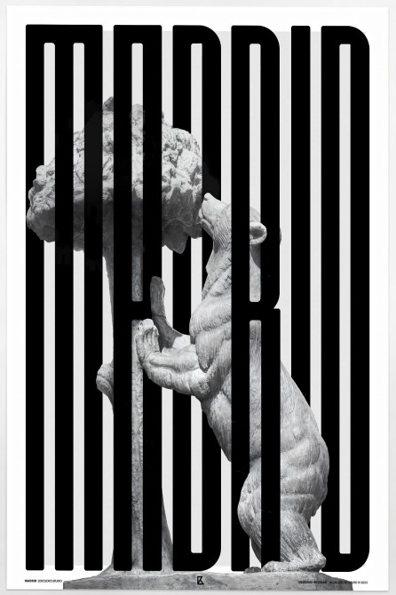 Poster completo en blanco y negro de Madrid con la escultura del Oso y el Madroño.
