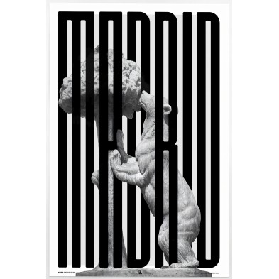 Complete black and white poster of Madrid with the sculpture of the Bear and the Strawberry Tree.