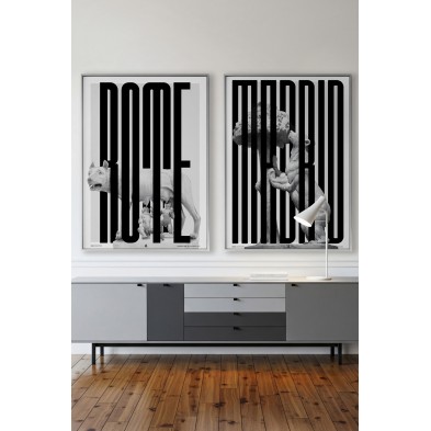 PVC-free black and white cultural print of Madrid next to another in a pack.