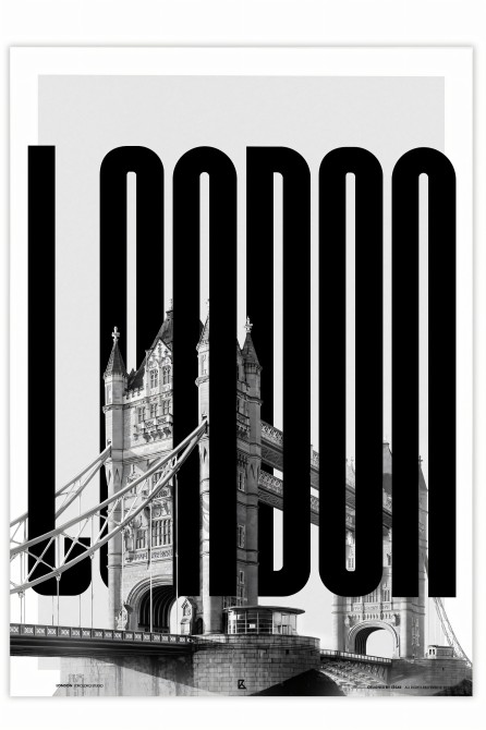 Black and white London typographic poster featuring Tower Bridge.