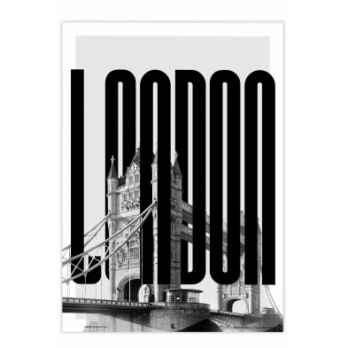 Póster tipográfico de Londres en blanco y negro con el Tower Bridge.