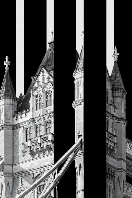 Detail of a typographic poster showing the Tower Bridge drawbridge in London.