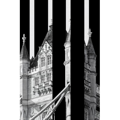 Detail of a typographic poster showing the Tower Bridge drawbridge in London.
