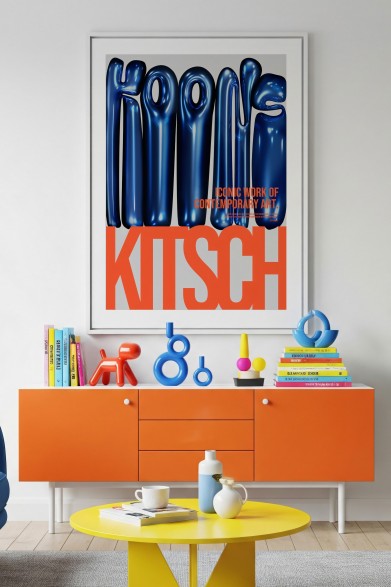 KITSCH poster with Jeff Koons-style inflatable blue letters. PVC-free and eco-friendly inks.