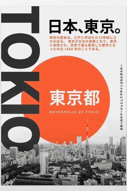 Póster tipográfico sobre Tokio, decorativo de estilo editorial japonés.