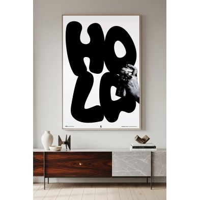 Black and white HOLA BN typographic poster for modern decor, eco-friendly inks, PVC-free