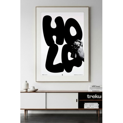 Black and white HELLO BN poster, curved typography and graffiti hand, PVC-free