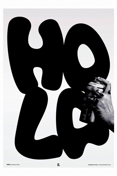 Black and white HELLO BN poster, curved typography and graffiti hand, PVC-free