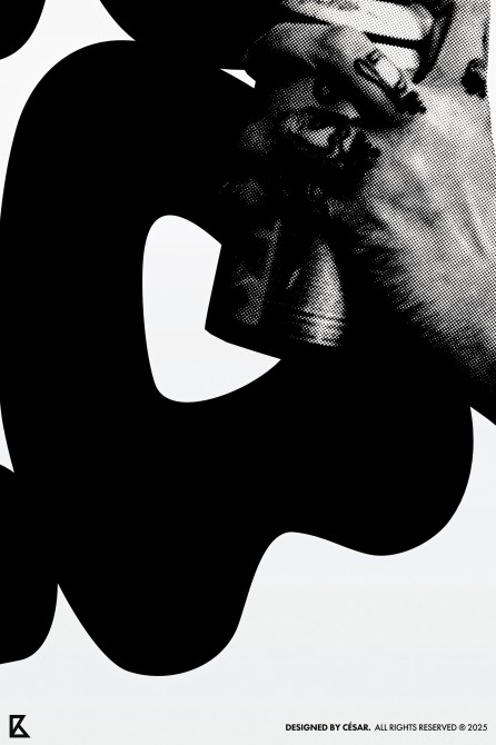 HELLO BN, black and white poster, design with typography and graffiti-style hand, detail, PVC-free